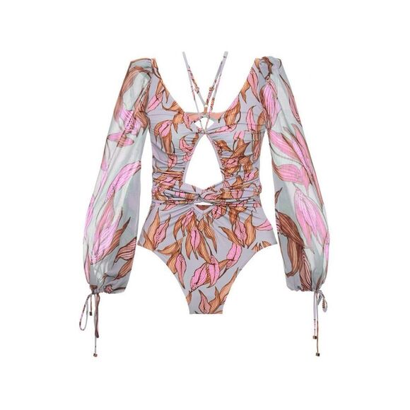 Boho Floral LongβSleeve Cutout Swimsuit Blue Pink One piece β Medium - Picture 6 of 11